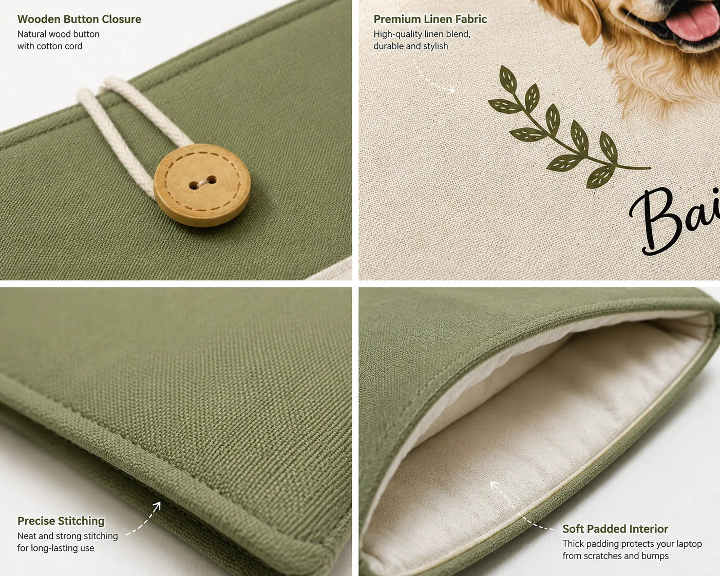 Cotton-linen laptop sleeve details with wooden button, stitching and padded interior