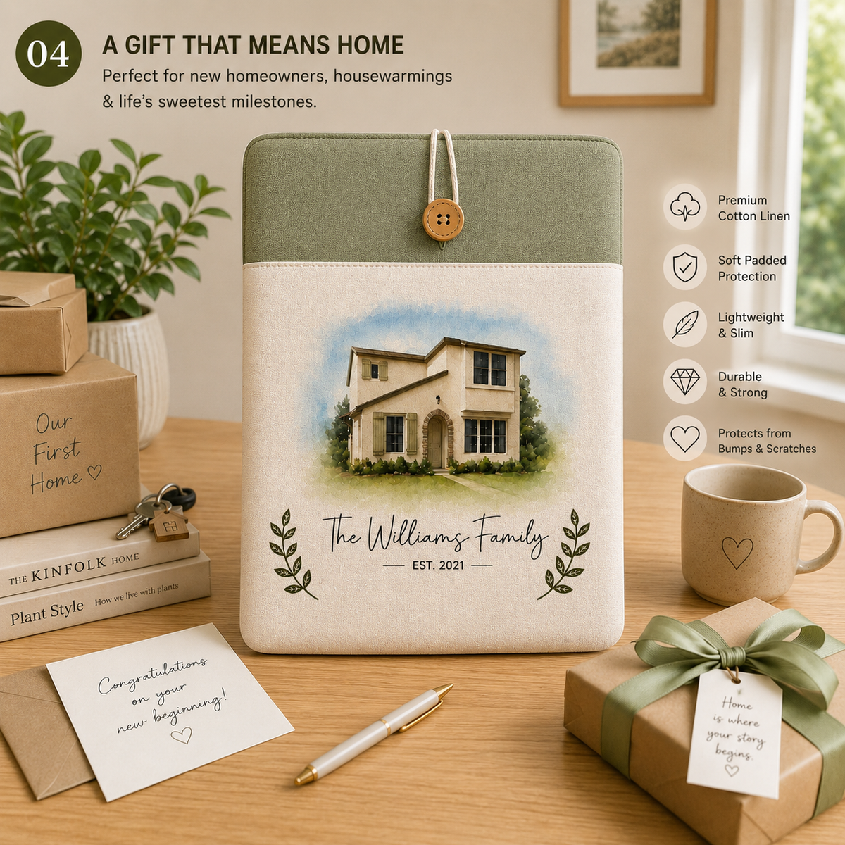 Custom house portrait laptop sleeve styled as a housewarming gift