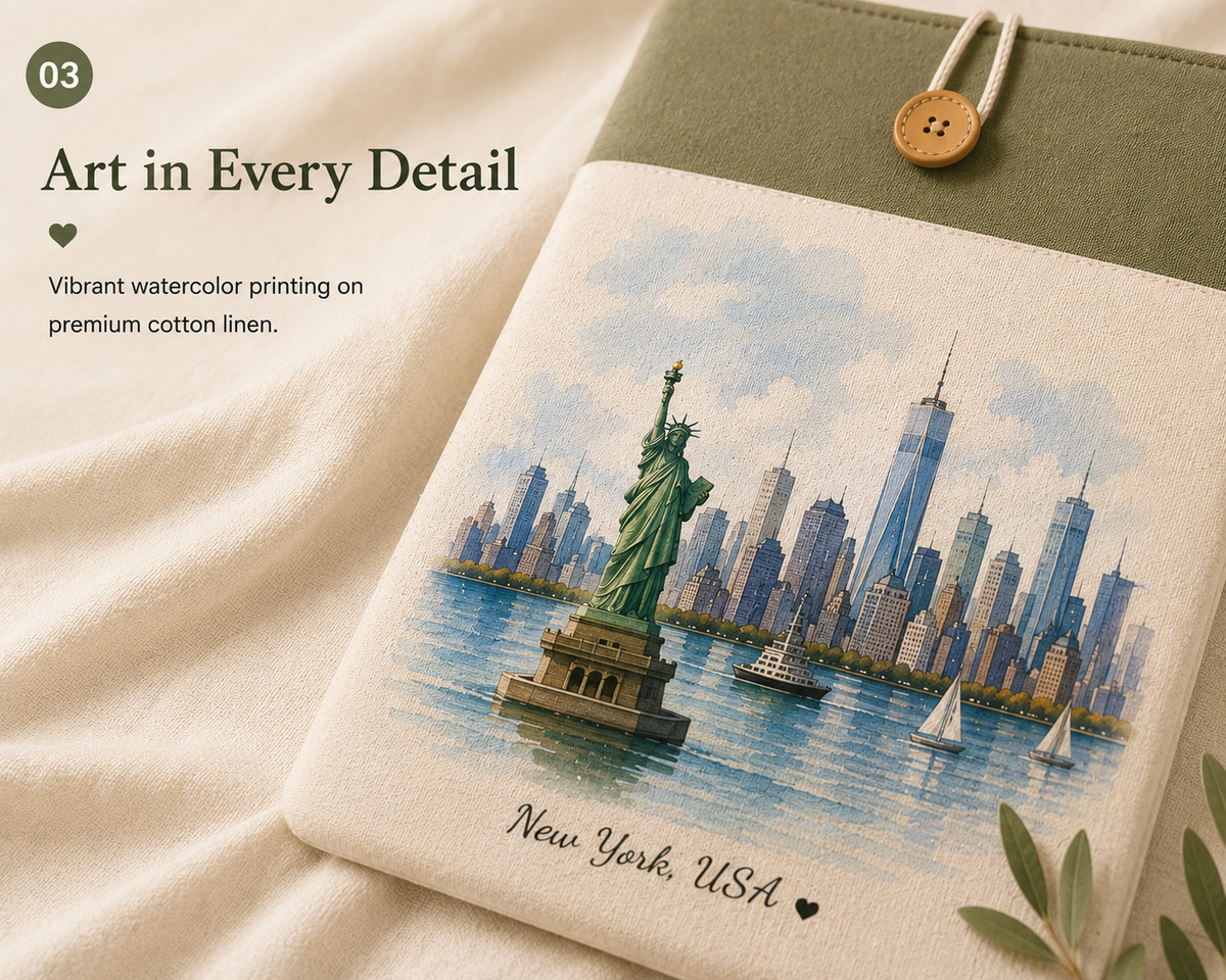 Close-up of custom travel watercolor artwork printed on a cotton linen laptop sleeve