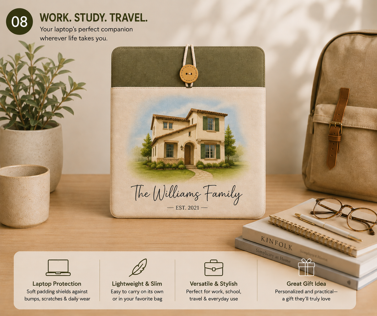Personalized house portrait laptop sleeve for work, study, and travel