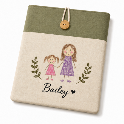 Personalized kids artwork laptop sleeve featuring a mother and daughter drawing