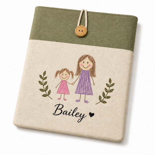 Personalized kids artwork laptop sleeve featuring a mother and daughter drawing
