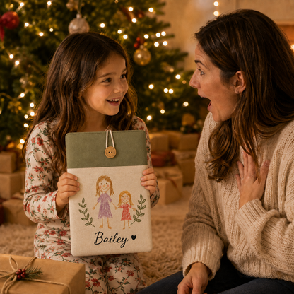 Child presenting a personalized artwork laptop sleeve as a Christmas surprise