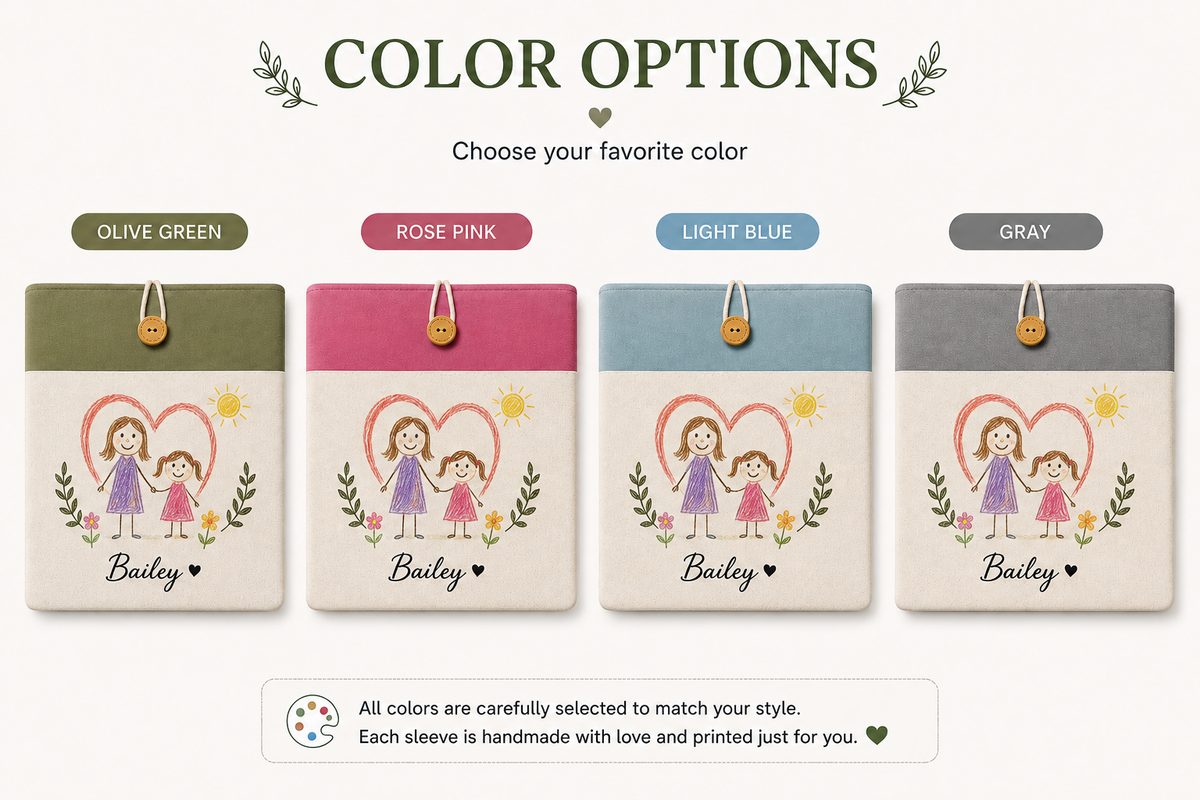 Olive green, rose pink, light blue, and gray color options for kids artwork laptop sleeves