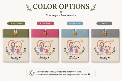 Olive green, rose pink, light blue, and gray color options for kids artwork laptop sleeves