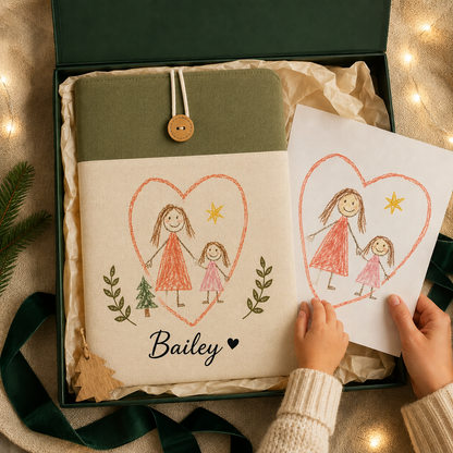 Personalized child artwork laptop sleeve displayed in a premium gift box