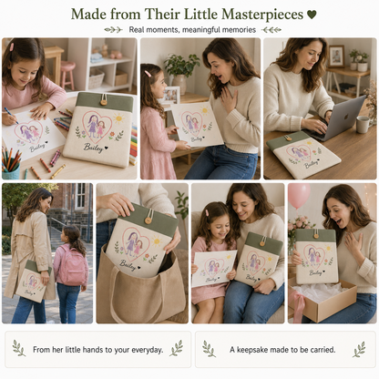 Lifestyle gallery showing a child's artwork transformed into a personalized laptop sleeve