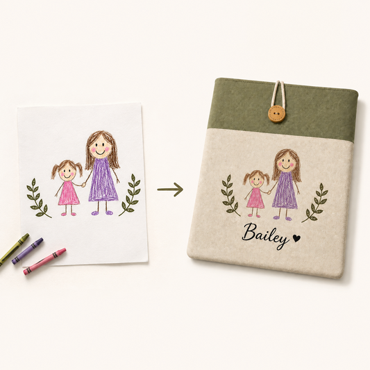 Child's original drawing transformed into a personalized laptop sleeve