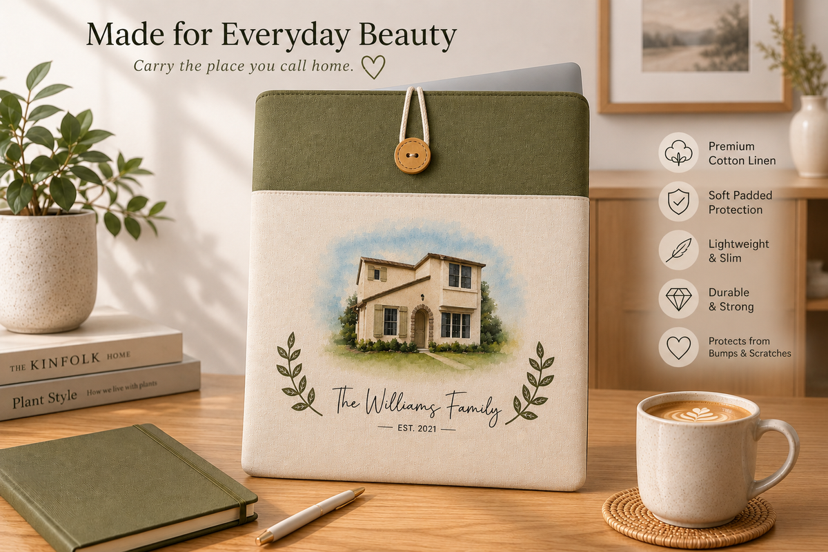 Personalized home portrait laptop sleeve on a desk for everyday use