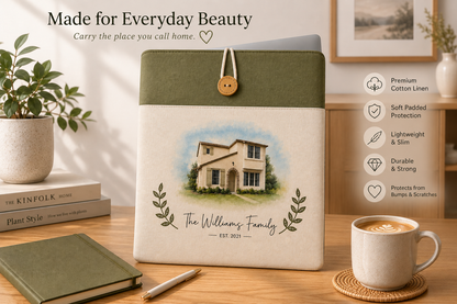Personalized home portrait laptop sleeve on a desk for everyday use