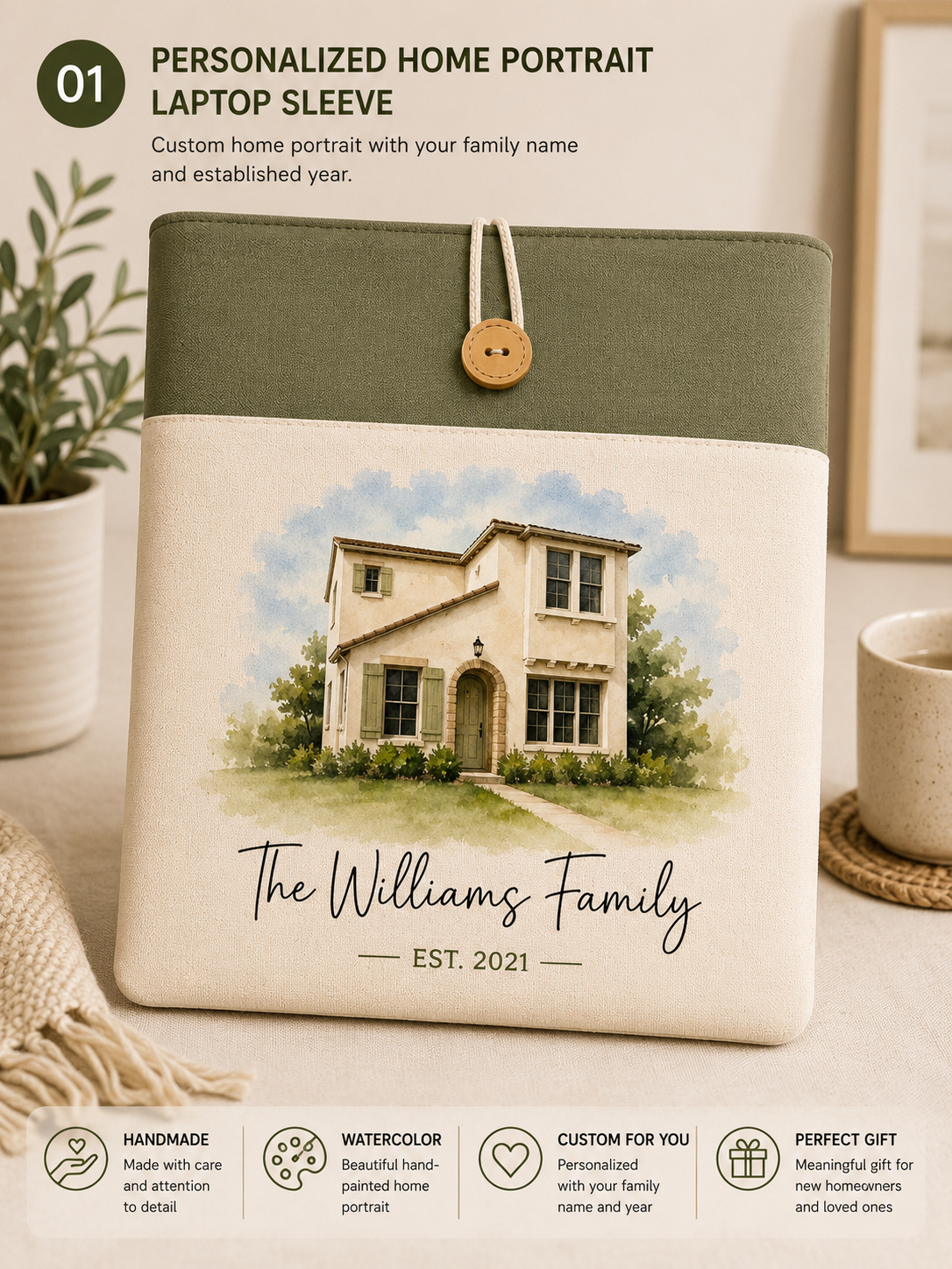 Personalized house portrait laptop sleeve with family name and established year