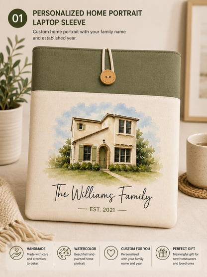 Personalized house portrait laptop sleeve with family name and established year