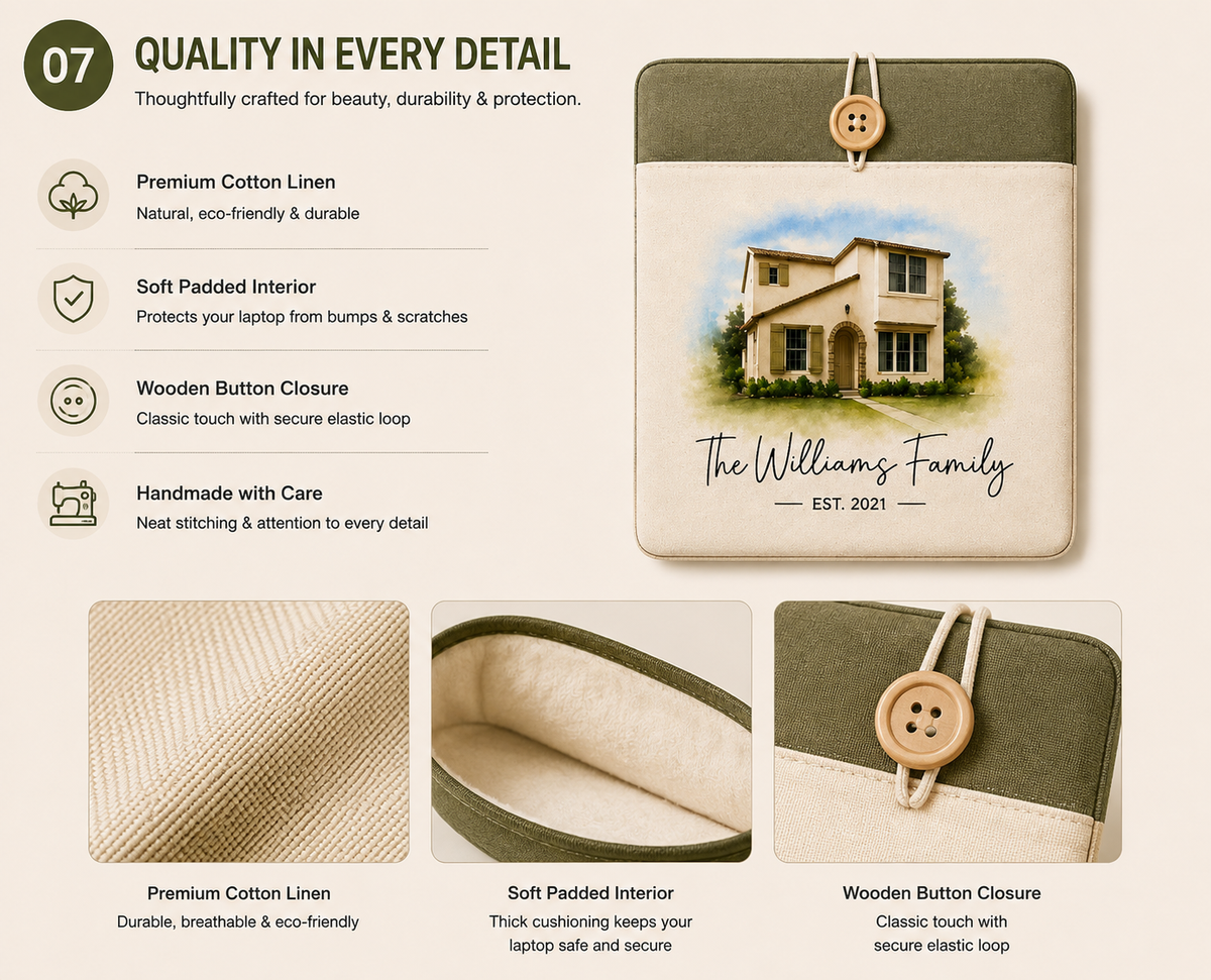 Cotton-linen fabric, padded interior, and wooden button details