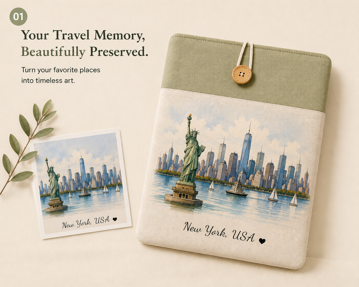 Personalized travel memory laptop sleeve with custom New York watercolor artwork