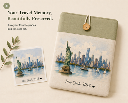 Personalized travel memory laptop sleeve with custom New York watercolor artwork