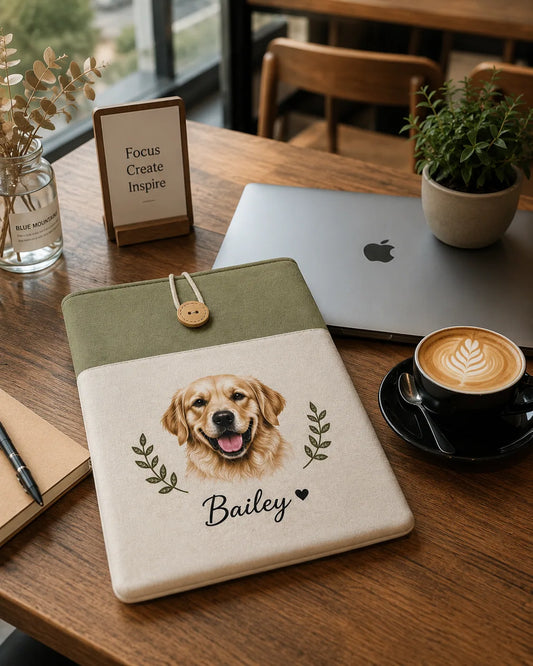 Custom pet portrait laptop sleeve used at a café