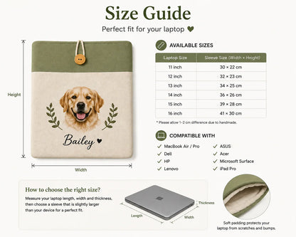 Personalized laptop sleeve size guide for 11 to 16 inch devices