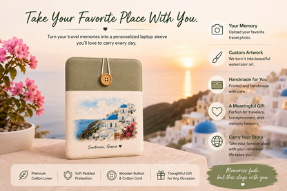 Personalized Santorini travel memory laptop sleeve made from a favorite vacation photo