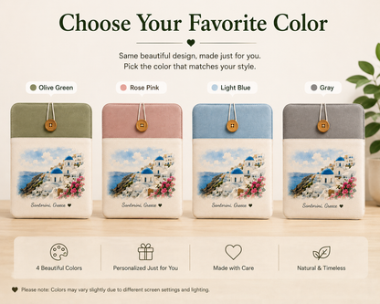 Personalized travel laptop sleeve colors in olive green rose pink light blue and gray
