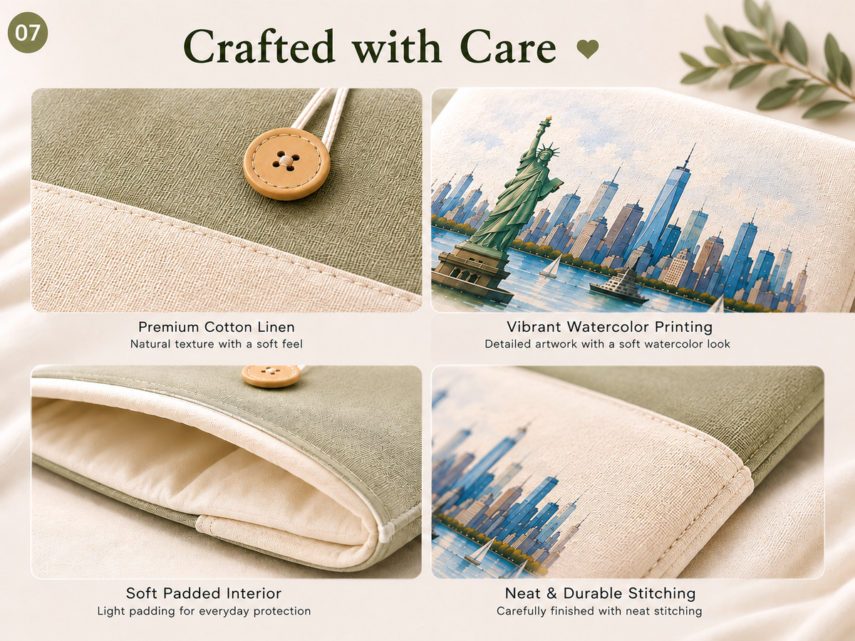 Handmade cotton linen travel laptop sleeve with padded interior and detailed stitching