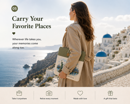 Woman carrying a personalized travel memory laptop sleeve while traveling