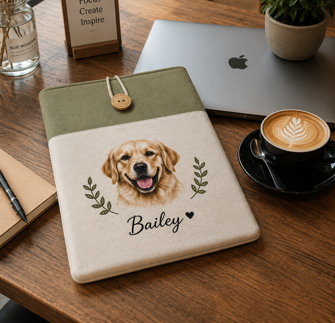Complete personalized golden retriever laptop sleeve beside a MacBook in a warm café workspace