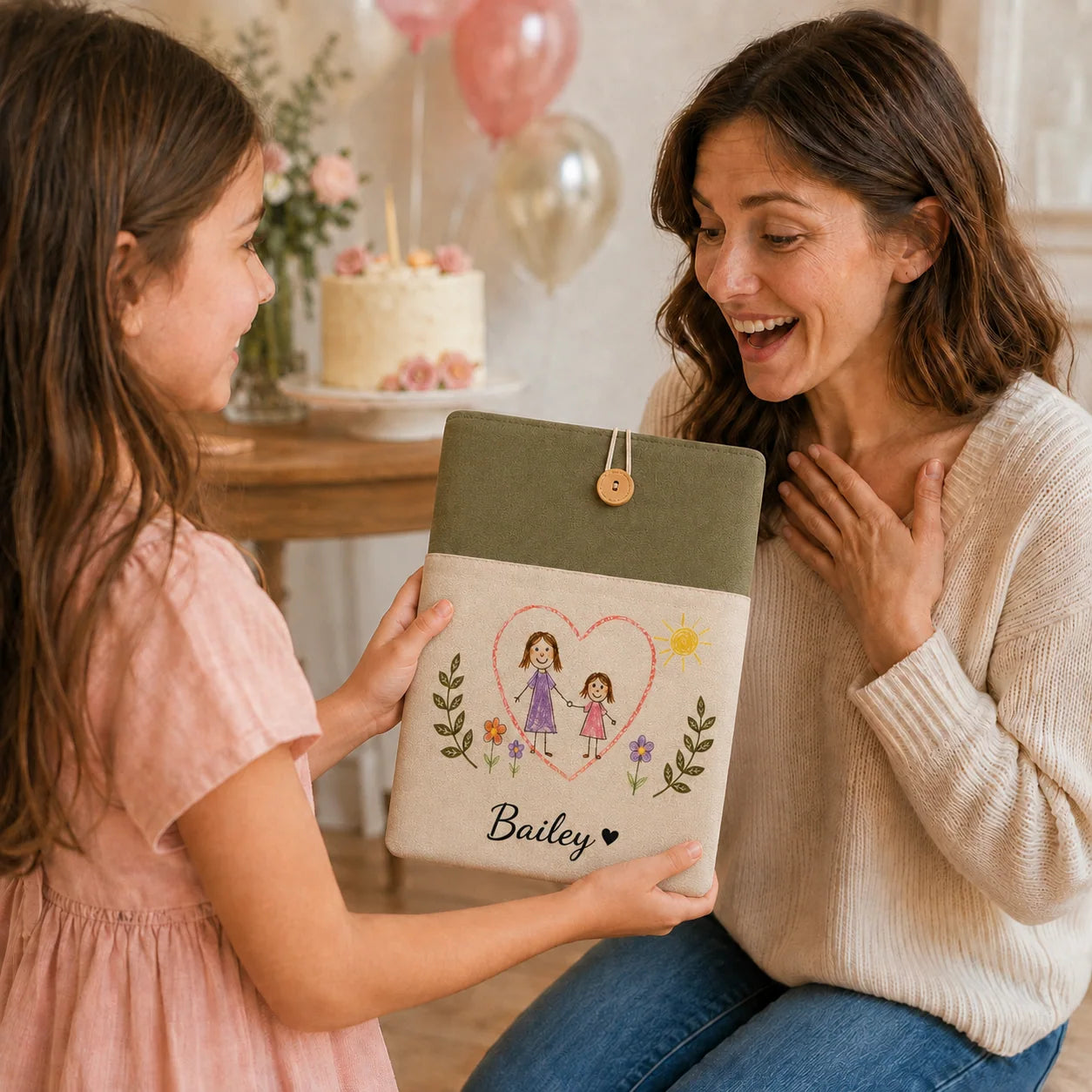 Child gifting her personalized artwork laptop sleeve to her mother