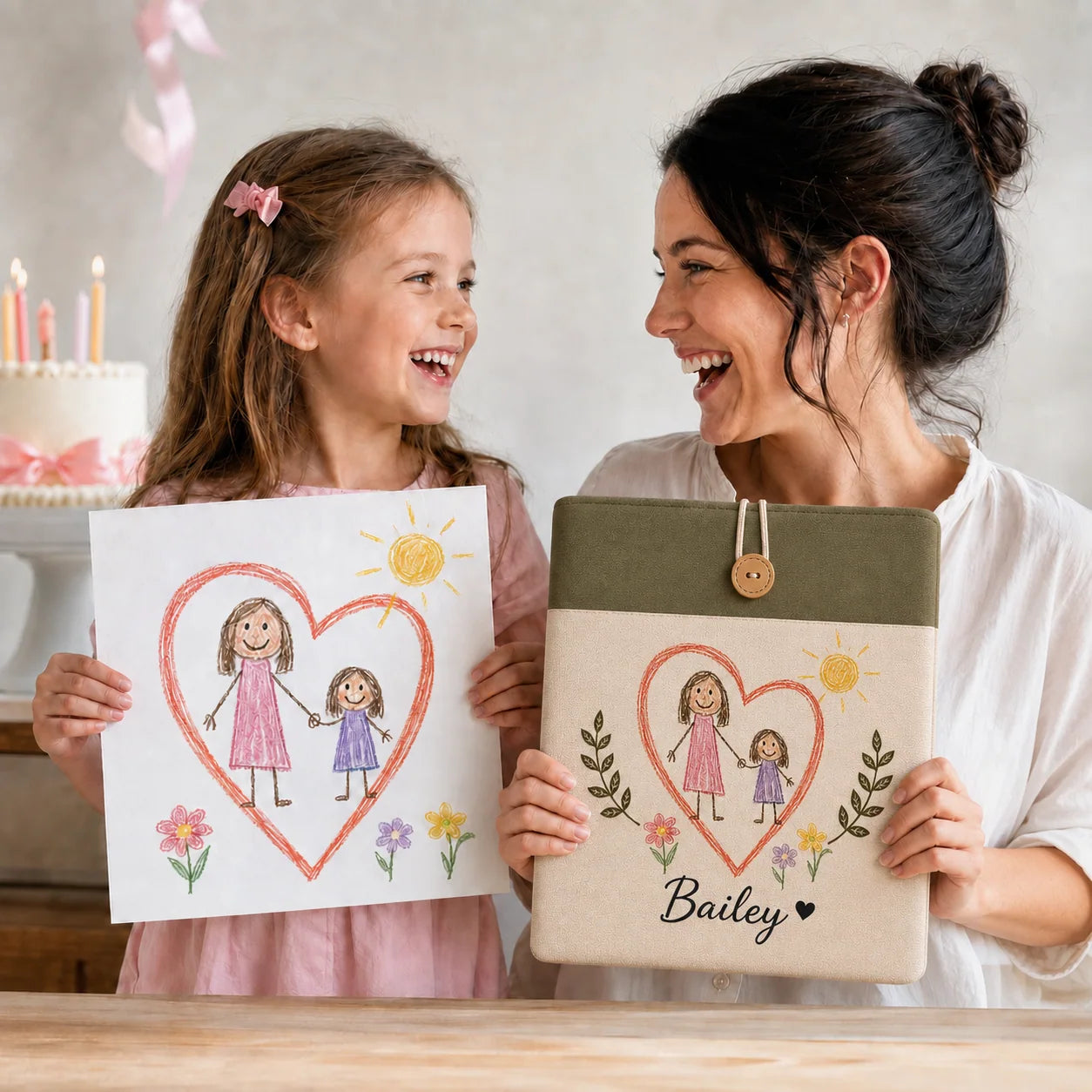 Mother and daughter holding the original drawing and finished custom laptop sleeve