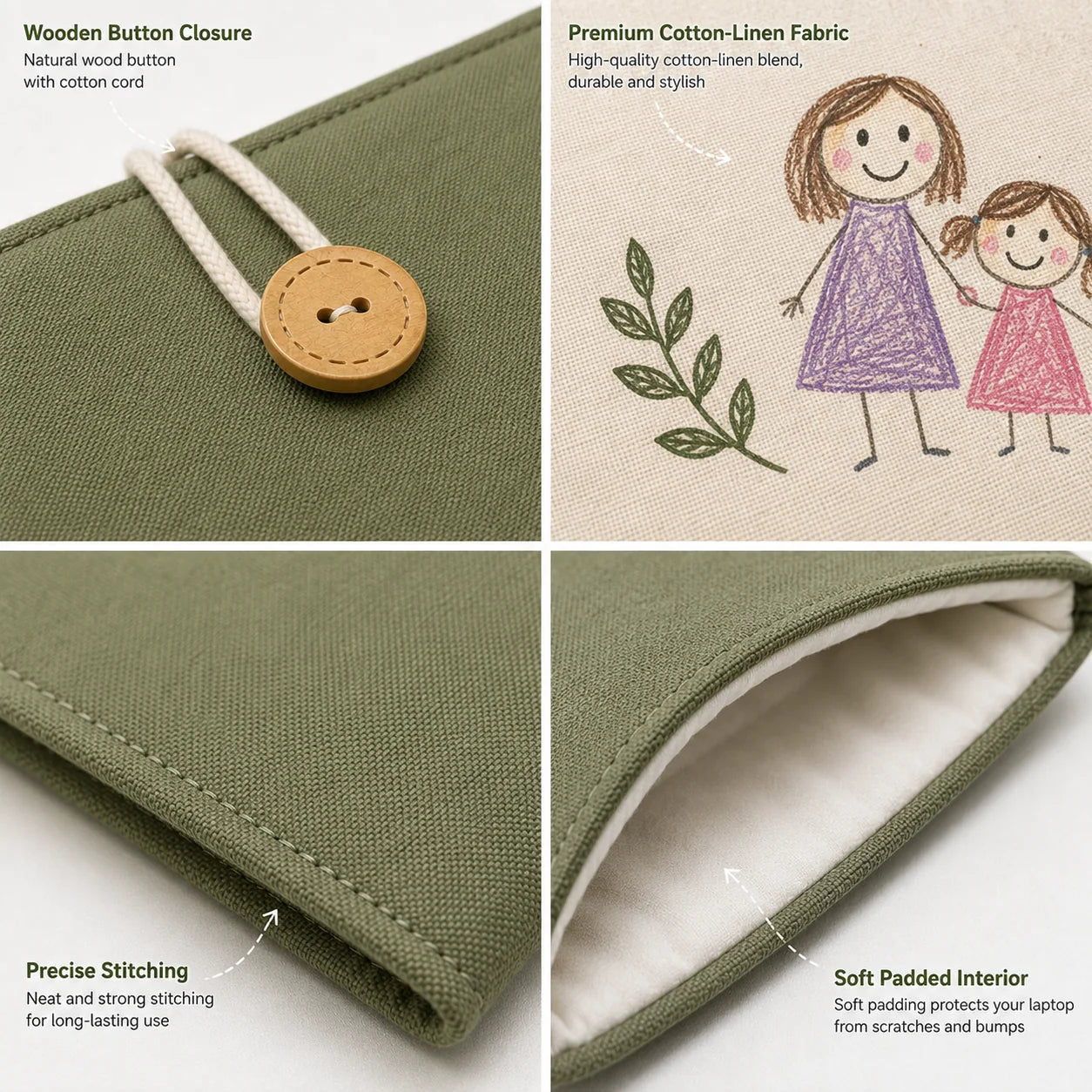 Wooden button, cotton-linen fabric, precise stitching and soft padded laptop sleeve interior