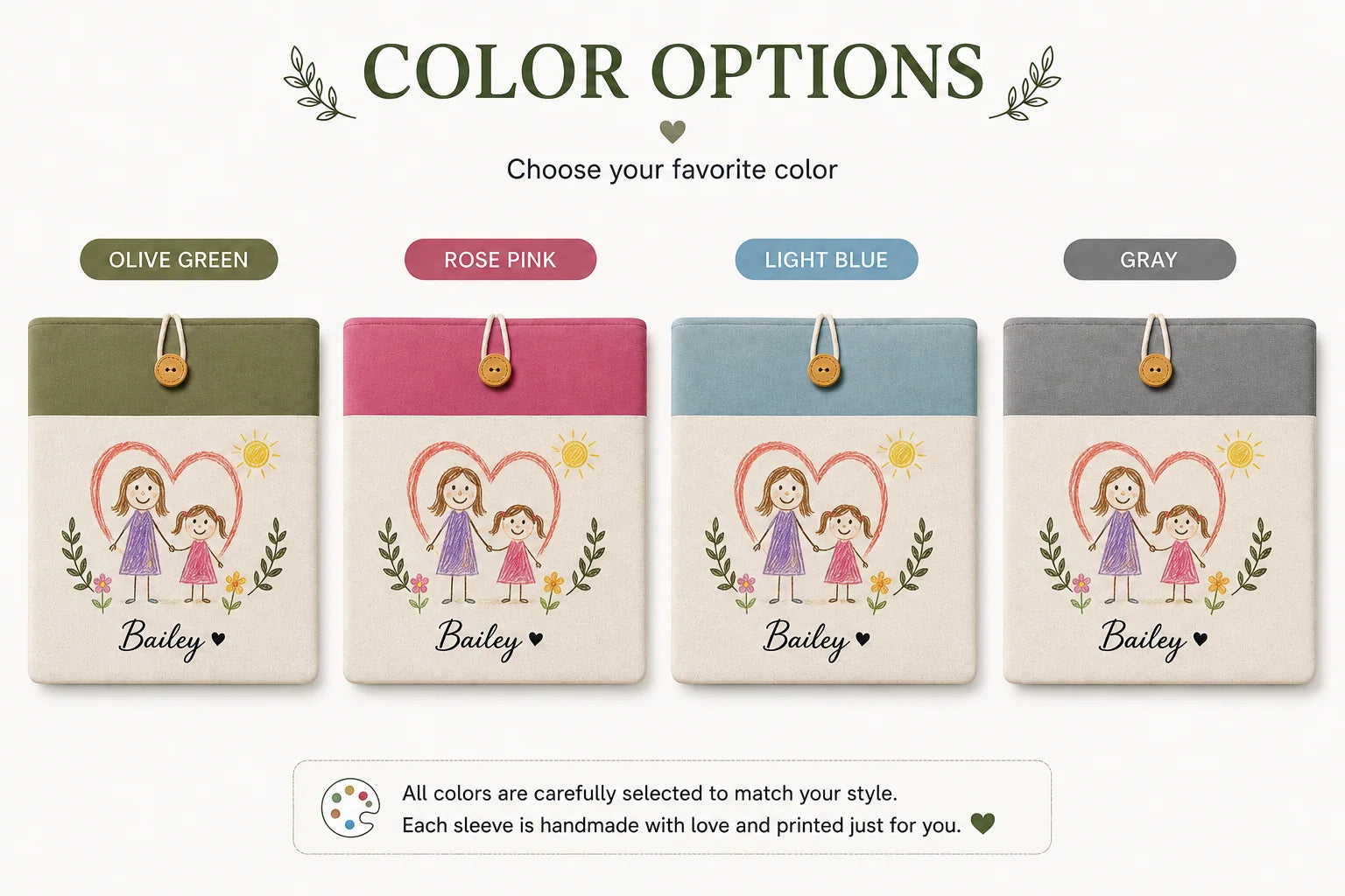 Kids artwork laptop sleeve colors in olive green, rose pink, light blue and gray