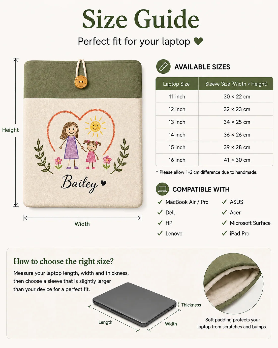 Personalized kids artwork laptop sleeve size guide for 11 to 16 inch laptops
