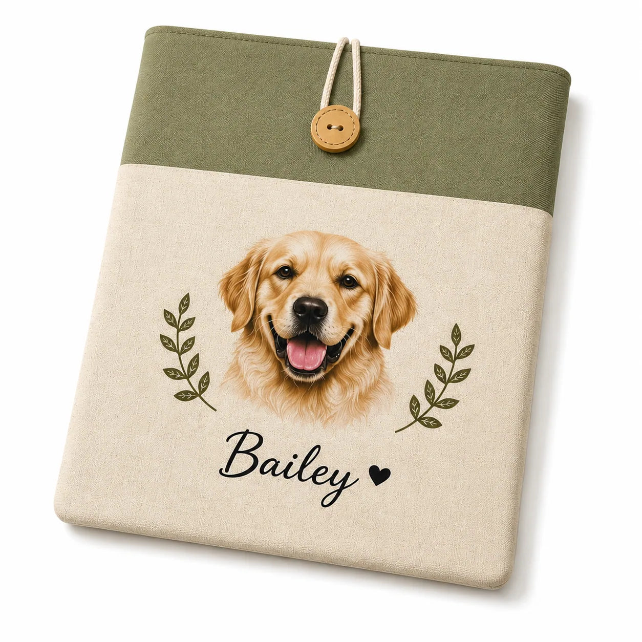 Personalized golden retriever portrait cotton-linen laptop sleeve in olive green