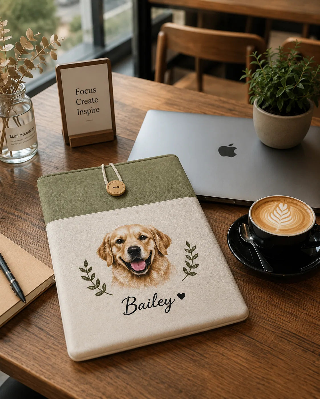 Custom golden retriever portrait laptop sleeve beside a MacBook in a warm café workspace